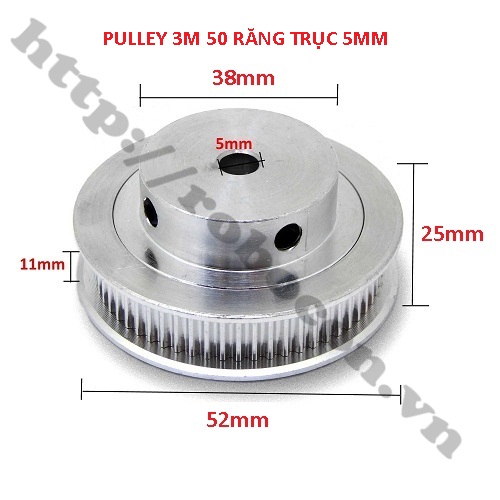 BÁNH RĂNG NHÔM 3M50 50 RĂNG RỘNG ĐAI 11MM TRỤC 5MM 